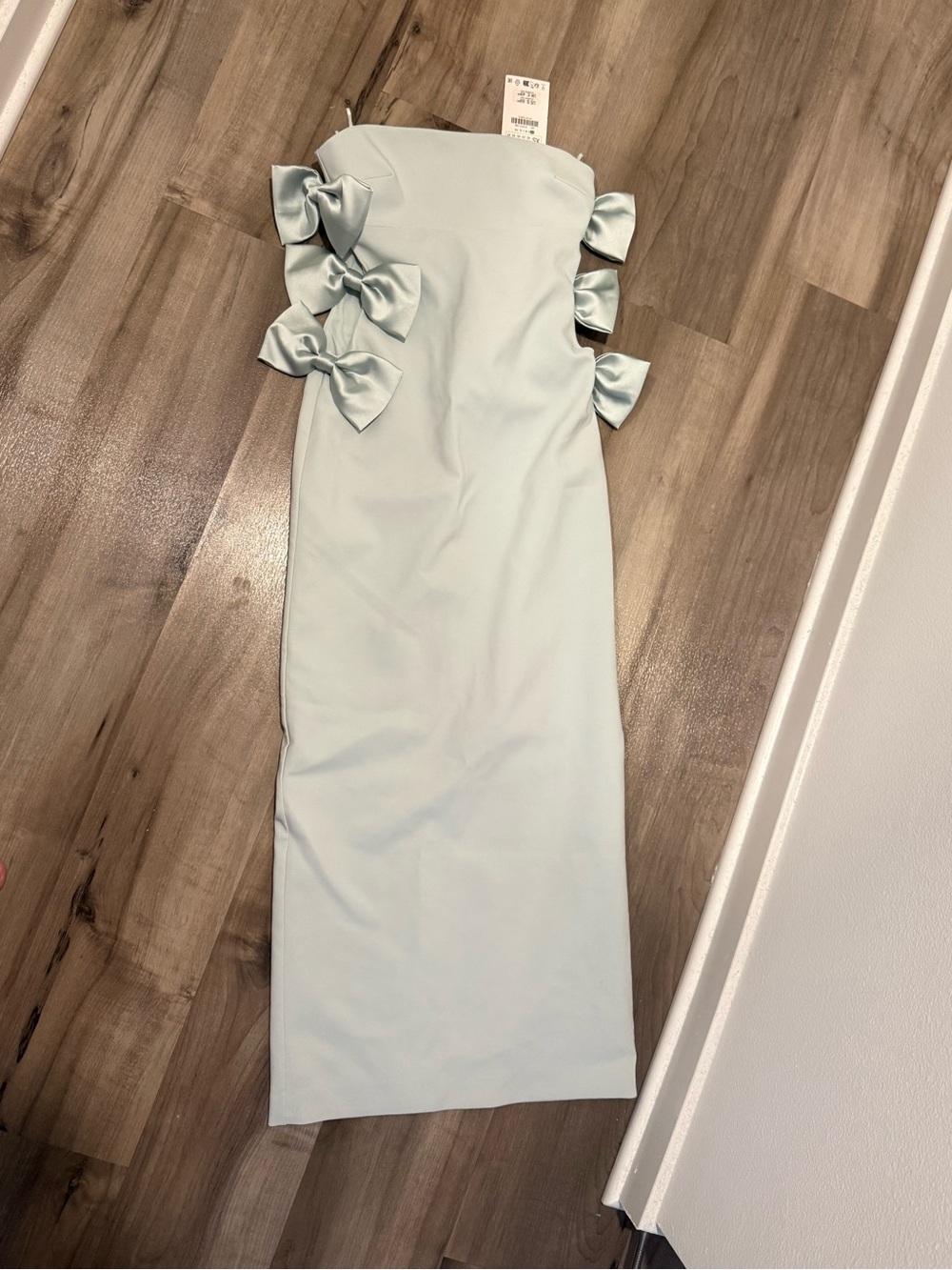 Zara Strapless Midi Dress in Pale Mint with Side Bows